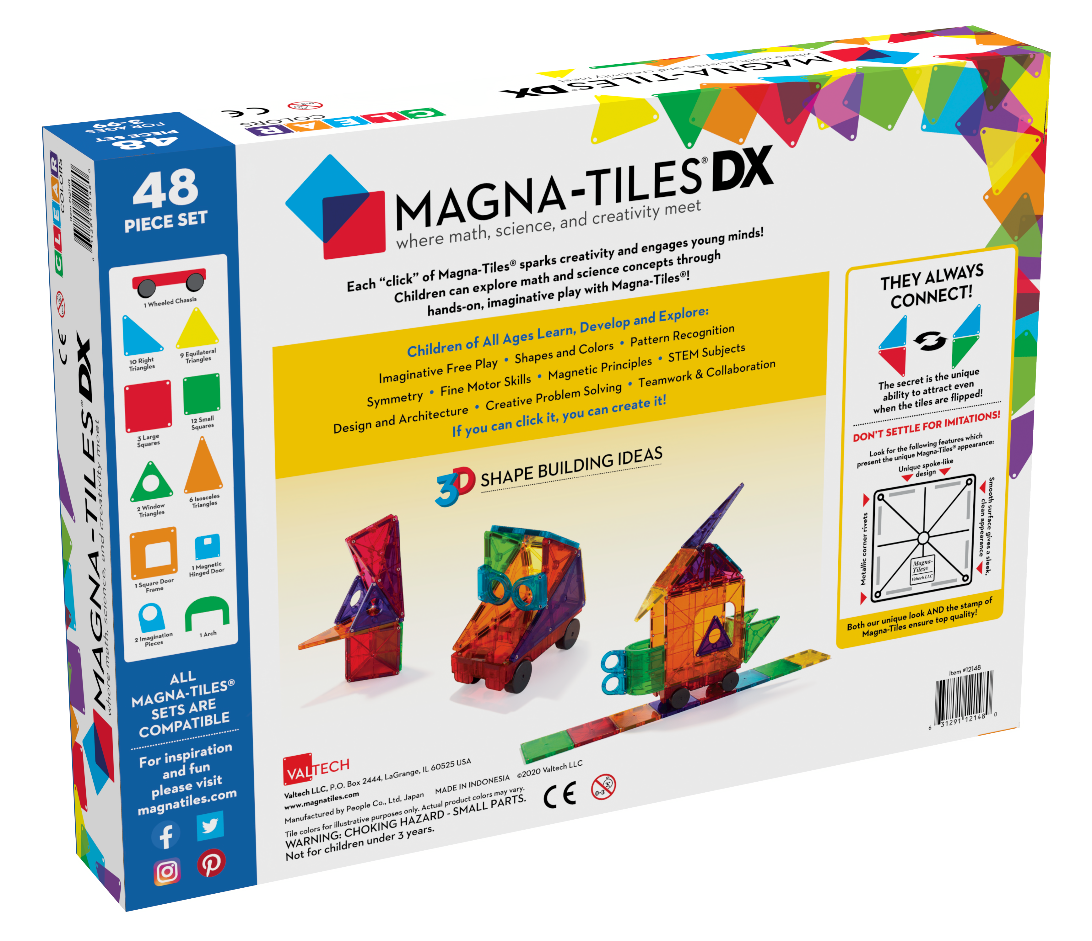 New in Box Magna-Tiles 12148 Clear Colors 48 pc DX Magnetic Toy Building Set 3+ 