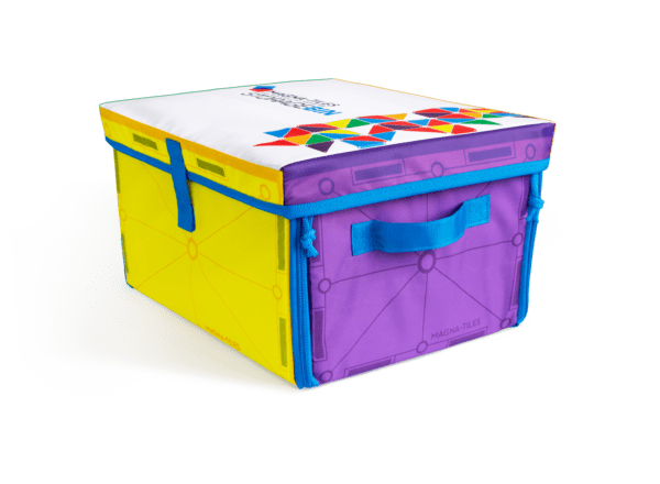 MAGNA-TILES® Storage Bin & Interactive Play-Mat in bin form showing a yellow side, purple side and white top