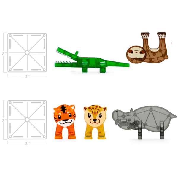 Scale representation of the sizes of the  MAGNA-TILES® Caiman, Sloth, Tiger, Leopard and Hippo compared to a Classic Square tile.