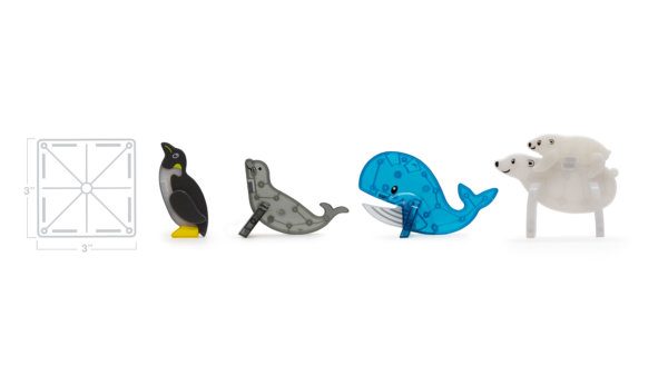 Scale representation of Penguin, Seal, Whale, Polar Bear and Baby Polar Bear MAGNA-TILES® figurines compared to Classic Square tile