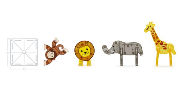 Scale representation of Monkey, Lion, Elephant and Giraffe MAGNA-TILES® figurines compared to Classic Square tile