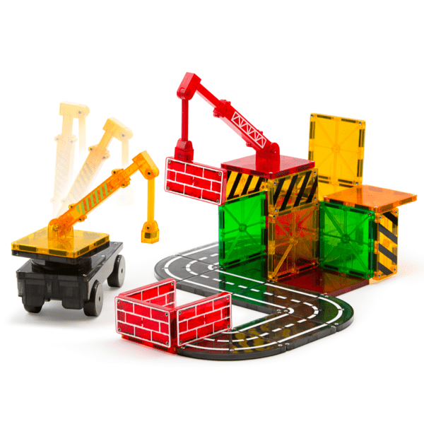 Example build showing moveable yellow crane from MAGNA-TILES® Builder 32-Piece Set