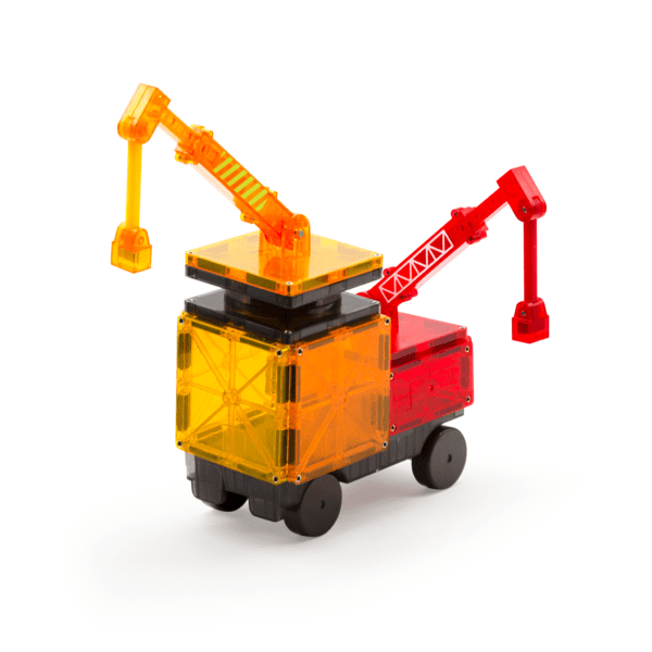 Red and yellow truck with red and yellow expandable cranes from MAGNA-TILES® Builder 32-Piece Set