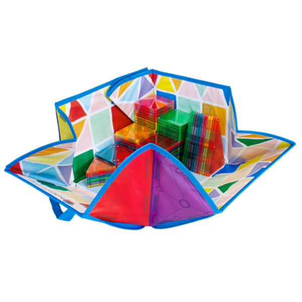 MAGNA-TILES® stacked inside 2-in-1 Storage Bin and Interactive Play-Mat