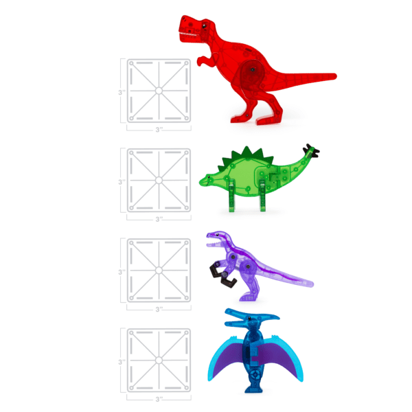 Diagram comparing size of the 4 Dinosaur figurines from the MAGNA-TILES® Dino World 40-Piece Set to a Classic Square tile. Figurine sizes vary from 3"-6"