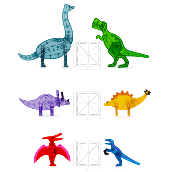 Scale representation of the 6 MAGNA-TILES® Dinosaur figurines compared to a standard 3 inch x 3 inch MAGNA-TILES square