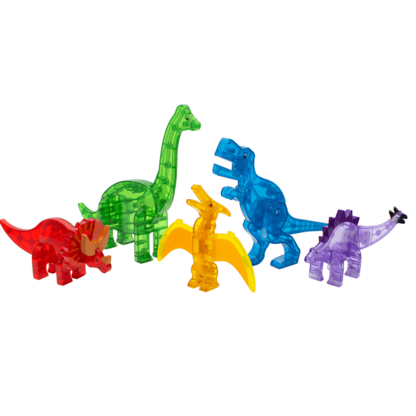 Blue T-Rex, green Brachiosaurus, red Triceratops, purple Stegosaurus, and yellow Pteranodon from MAGNA-TILES® Dinos 5-Piece Set.