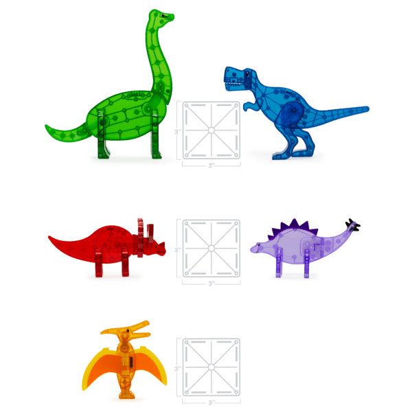 Diagram comparing size of the 5 Dinosaur figurines from the MAGNA-TILES® Dinos 5-Piece Set to a Classic Square tile. Figurine sizes vary from 3"-7.5".