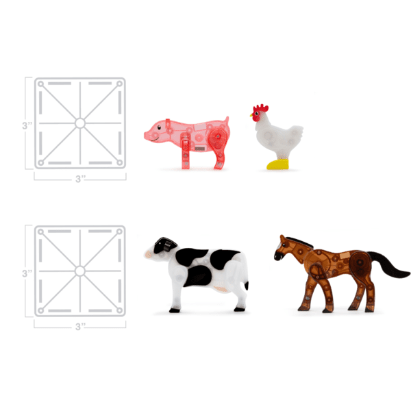 Scale representation of Pig, Chicken, Cow and Horse MAGNA-TILES® figures compared to a Classic Square tile
