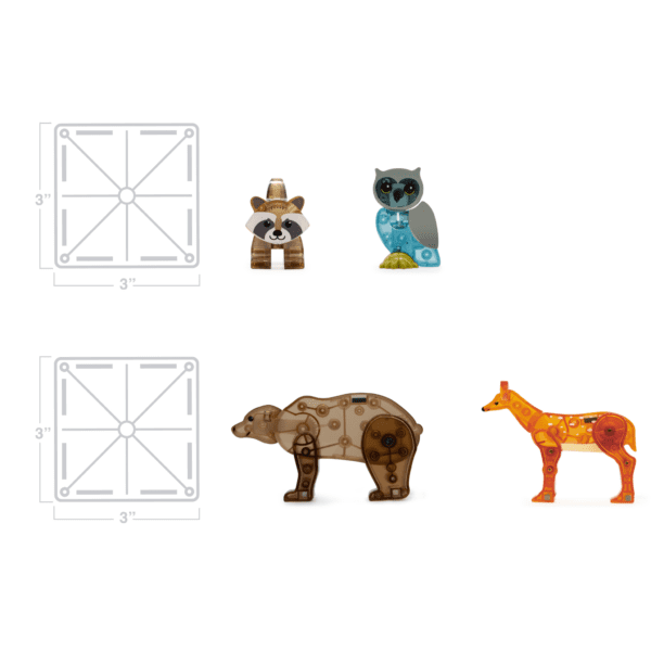 Scale representation of Raccoon, Owl, Bear and Deer MAGNA-TILES® figurines compared to Classic Square tile