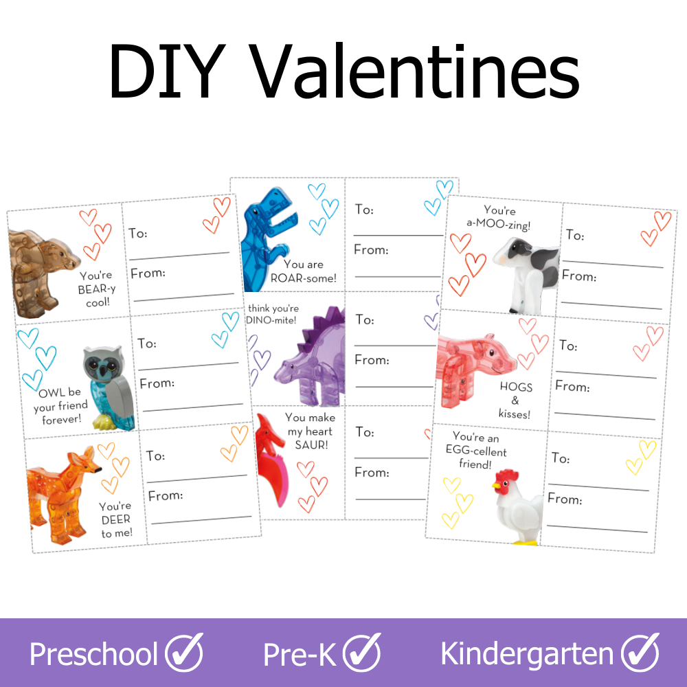 DIY Valentines with MAGNA-TILES® figurines for Preschool, Pre-K, and Kindergarten