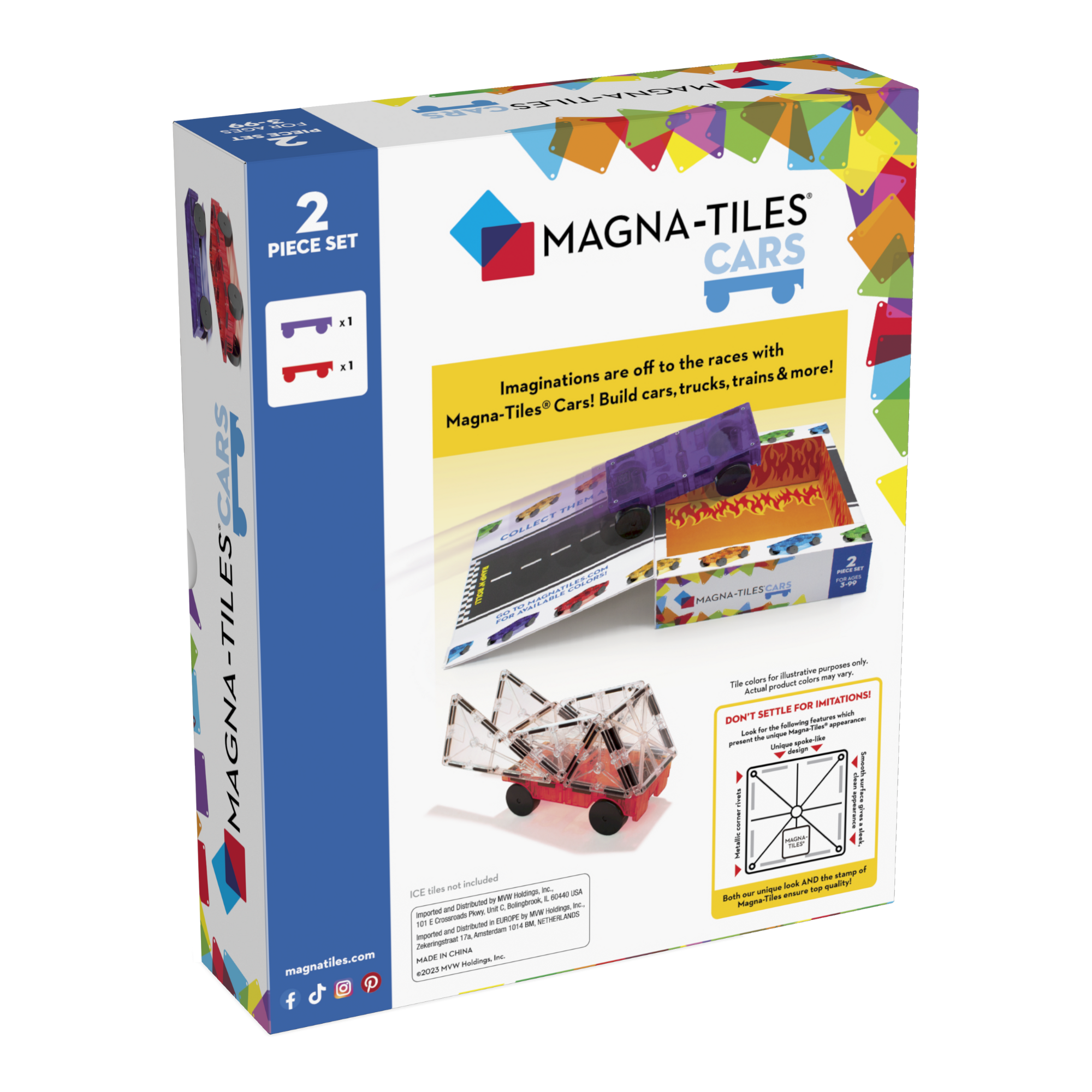 Back of MAGNA-TILES® Cars - Purple & Red 2 Piece Set package